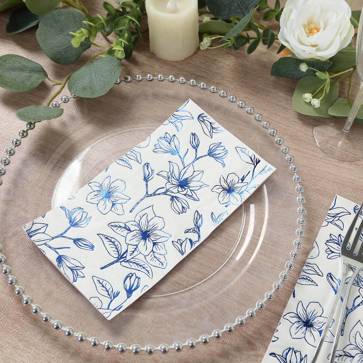 50 Pack White 2-Ply Paper Party Napkins with Blue Magnolia Flowers Print, Highly Absorbent Soft Disposable Dinner Napkins
