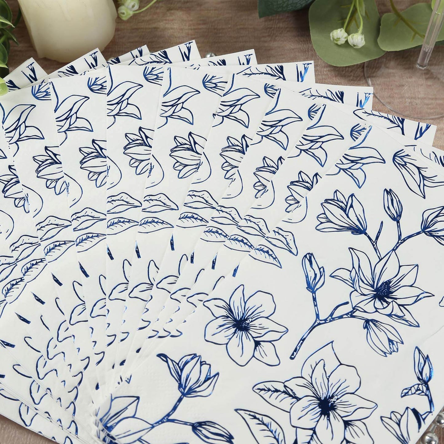 50 Pack White 2-Ply Paper Party Napkins with Blue Magnolia Flowers Print, Highly Absorbent Soft Disposable Dinner Napkins