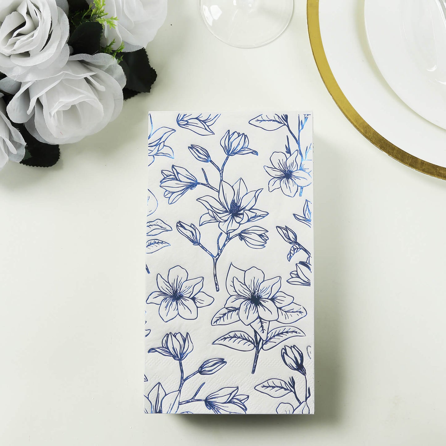 50 Pack White 2-Ply Paper Party Napkins with Blue Magnolia Flowers Print, Highly Absorbent Soft Disposable Dinner Napkins