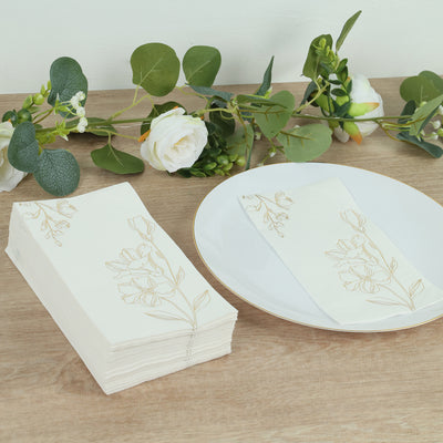 White 2-Ply Paper Dinner Napkins with Gold Lilly Flowers Print