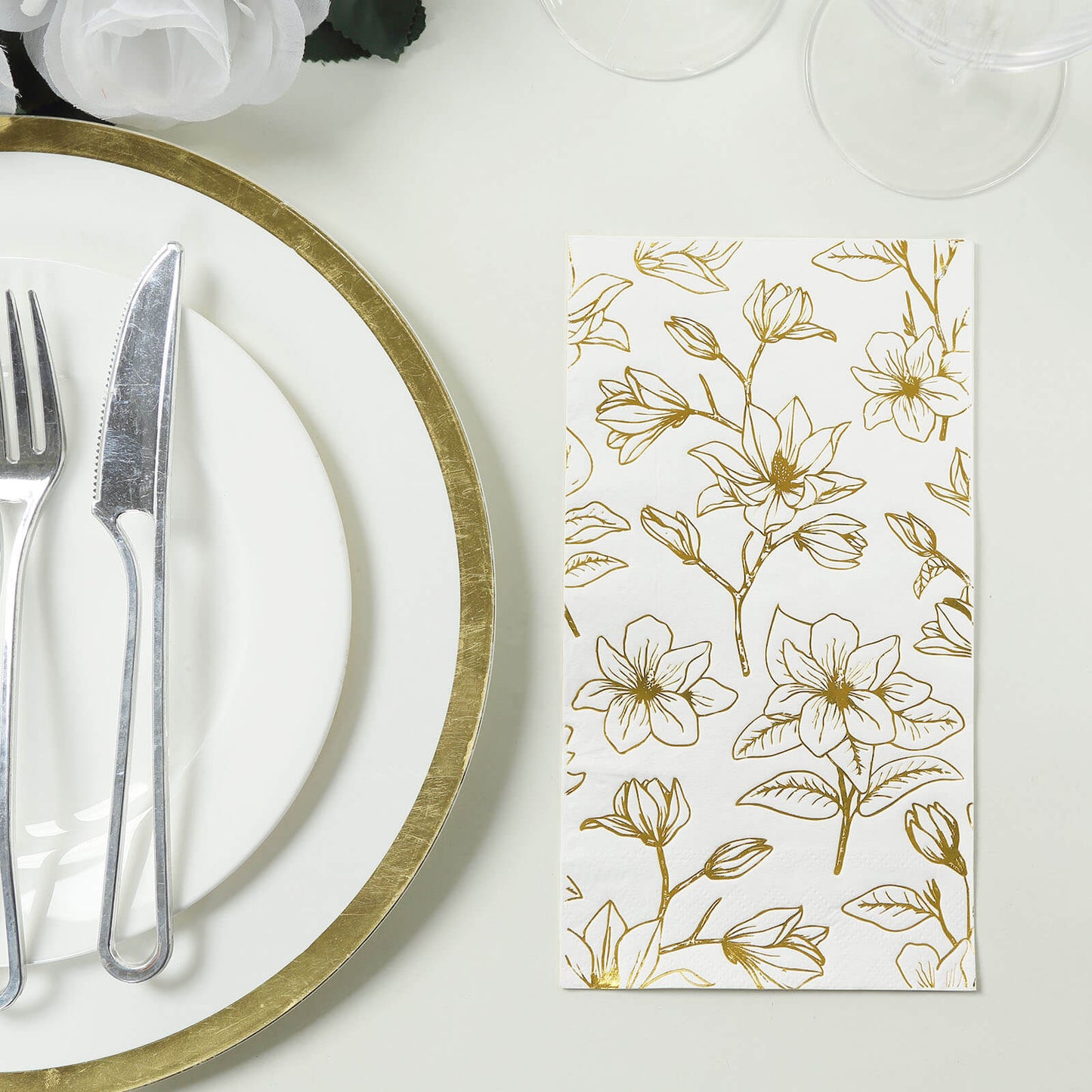 50 Pack White 2-Ply Paper Party Napkins with Gold Magnolia Flowers Print, Highly Absorbent Soft Disposable Dinner Napkins