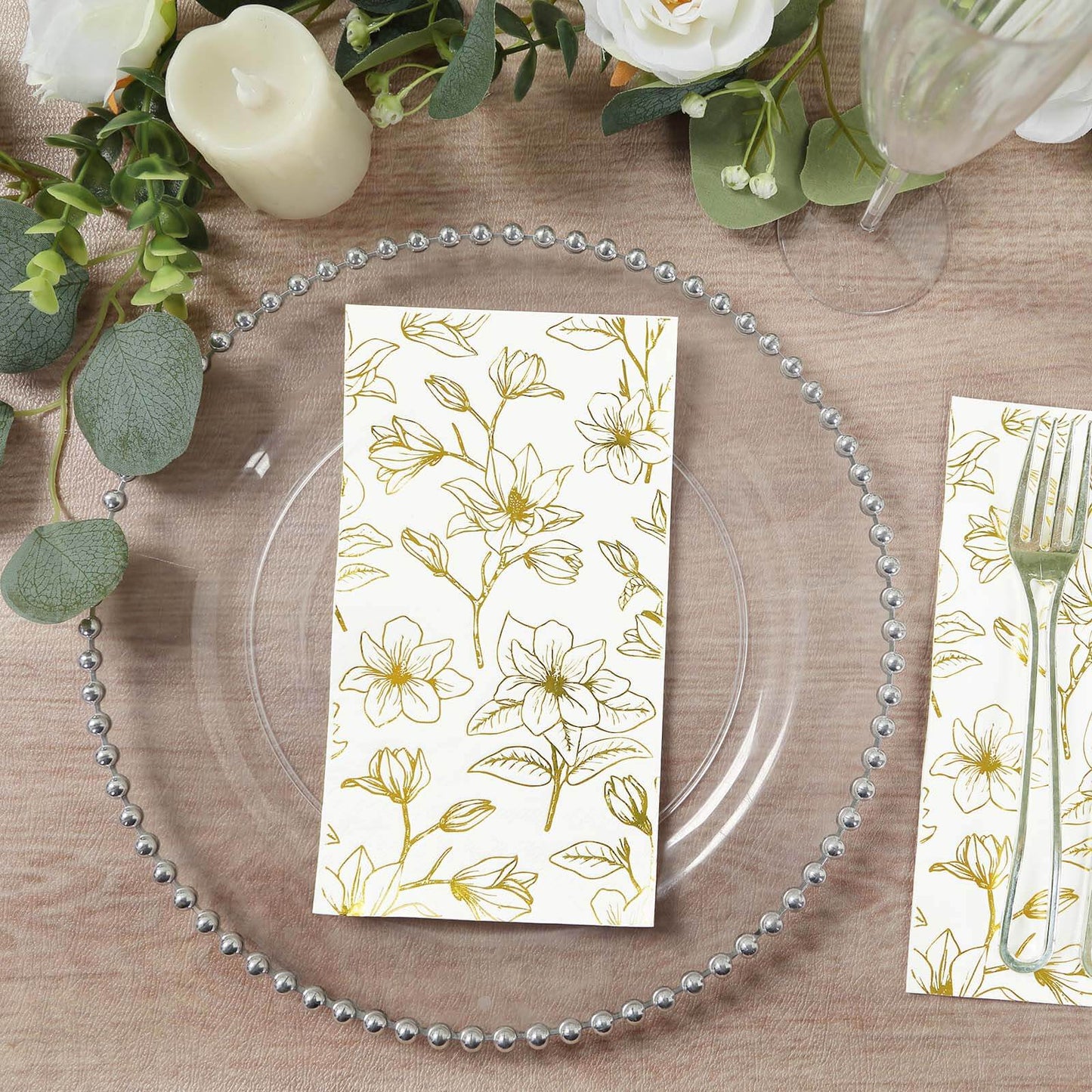 50 Pack White 2-Ply Paper Party Napkins with Gold Magnolia Flowers Print, Highly Absorbent Soft Disposable Dinner Napkins