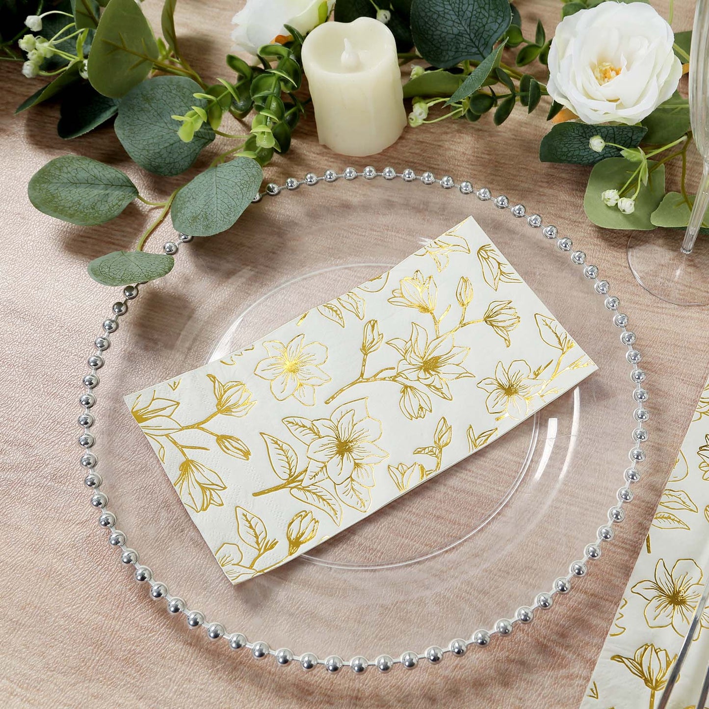 50 Pack White 2-Ply Paper Party Napkins with Gold Magnolia Flowers Print, Highly Absorbent Soft Disposable Dinner Napkins