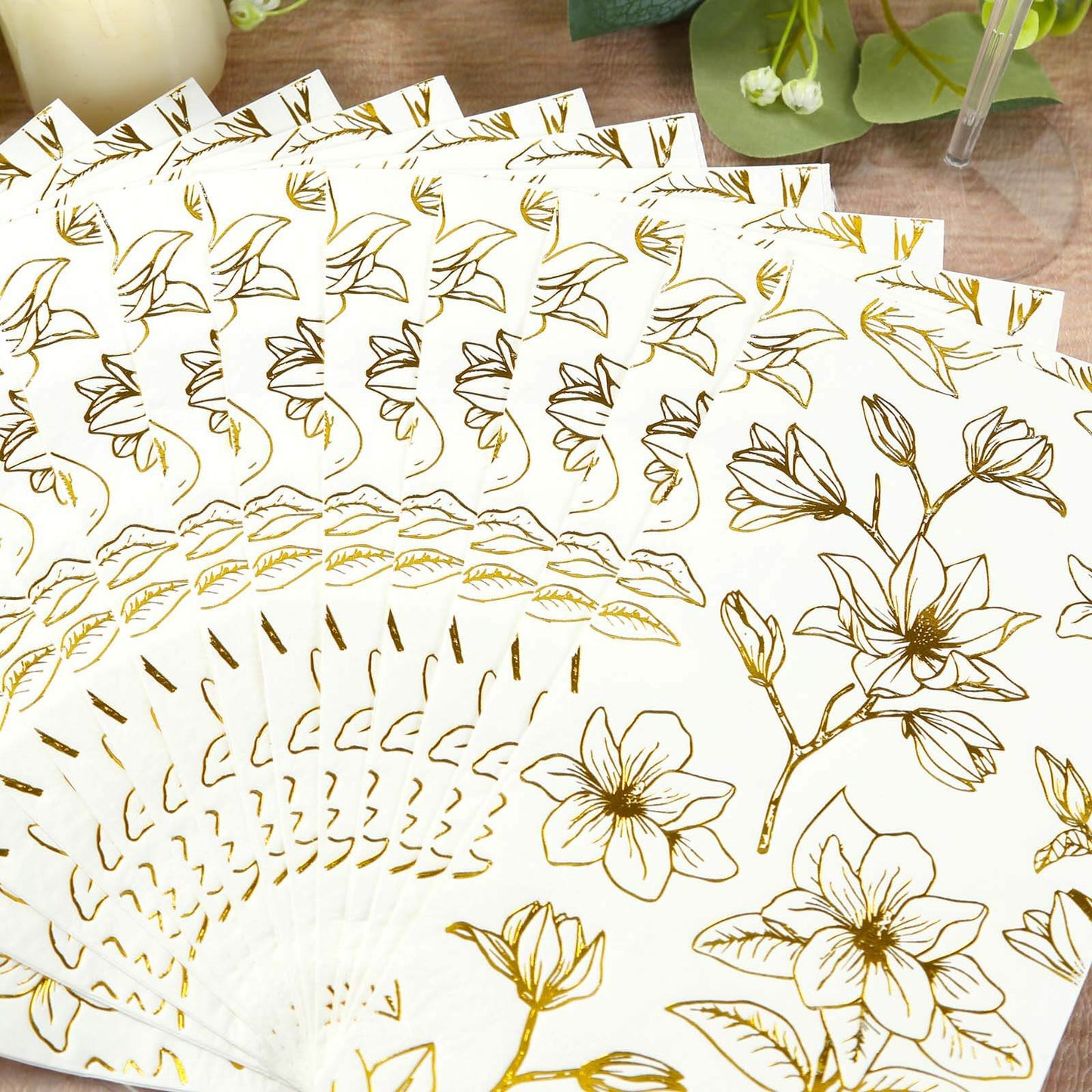 50 Pack White 2-Ply Paper Party Napkins with Gold Magnolia Flowers Print, Highly Absorbent Soft Disposable Dinner Napkins