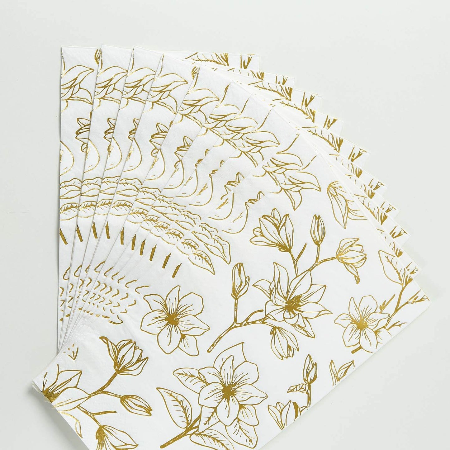 50 Pack White 2-Ply Paper Party Napkins with Gold Magnolia Flowers Print, Highly Absorbent Soft Disposable Dinner Napkins