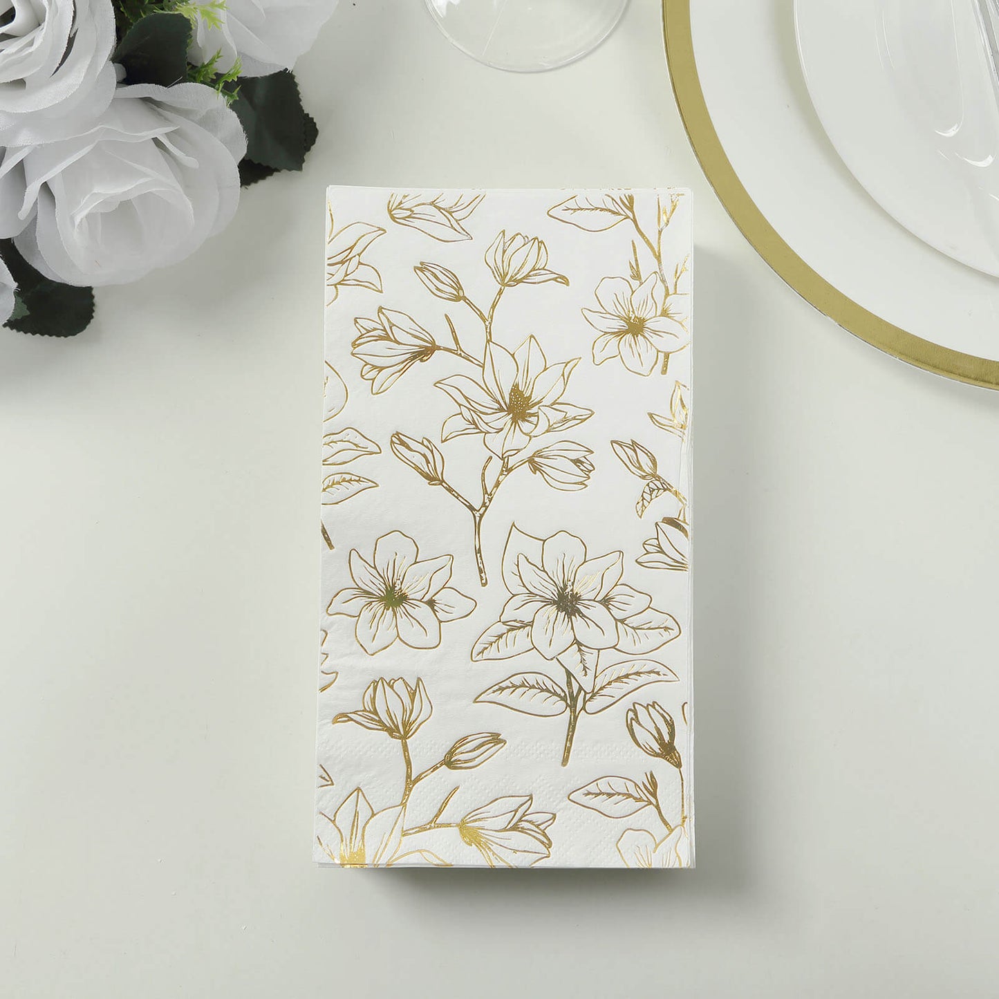 50 Pack White 2-Ply Paper Party Napkins with Gold Magnolia Flowers Print, Highly Absorbent Soft Disposable Dinner Napkins