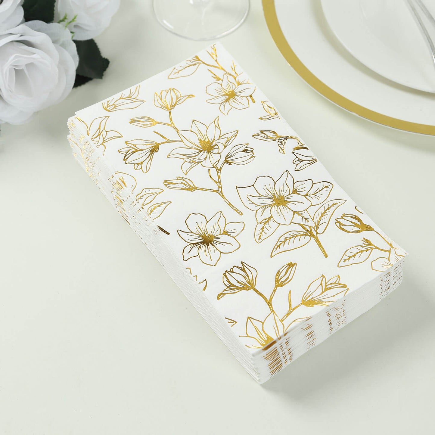 50 Pack White 2-Ply Paper Party Napkins with Gold Magnolia Flowers Print, Highly Absorbent Soft Disposable Dinner Napkins