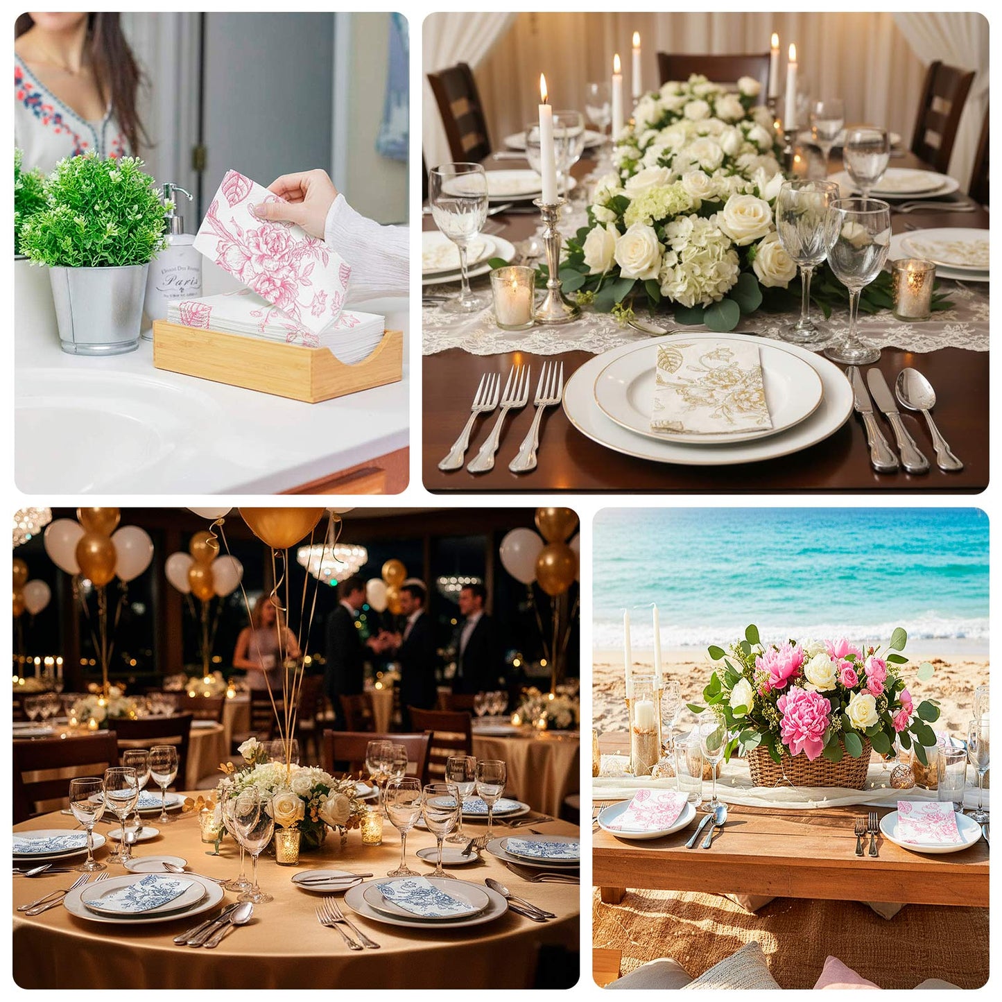 50-Pack Paper Dinner Napkins French Toile Floral Pattern 2-Ply - Stylish Disposable Napkins