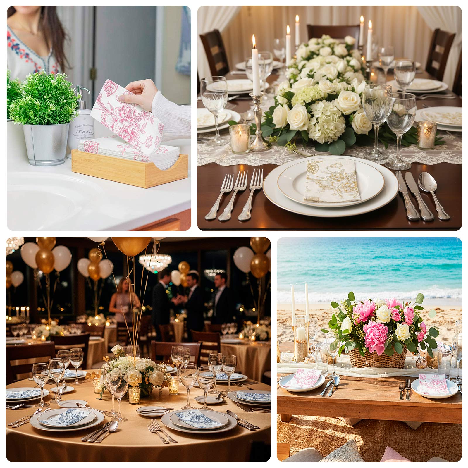 50-Pack Paper Dinner Napkins French Toile Floral Pattern 2-Ply - Stylish Disposable Napkins