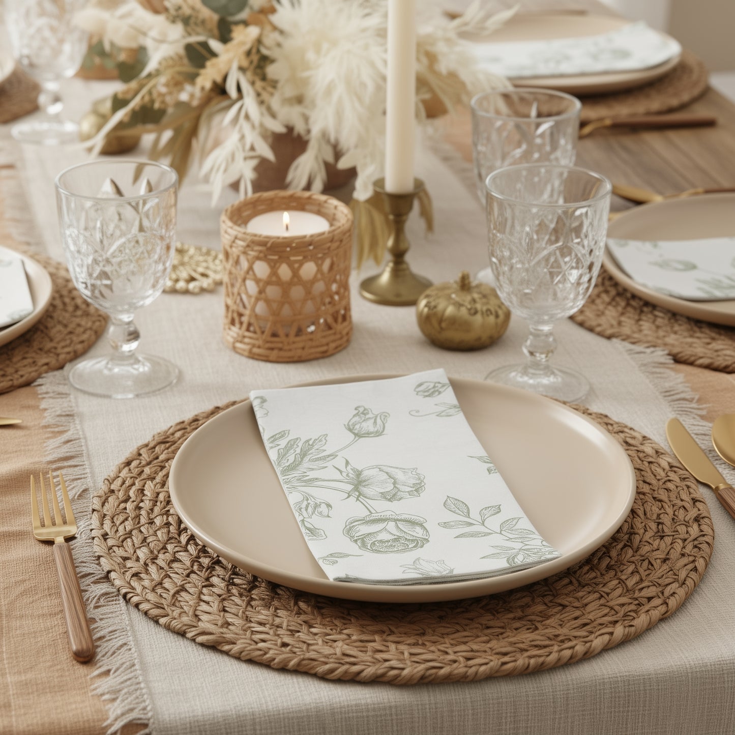 50-Pack Paper Dinner Napkins White with Matte Sage Green French Toile Floral Pattern 2-Ply - Stylish Disposable Napkins for Events