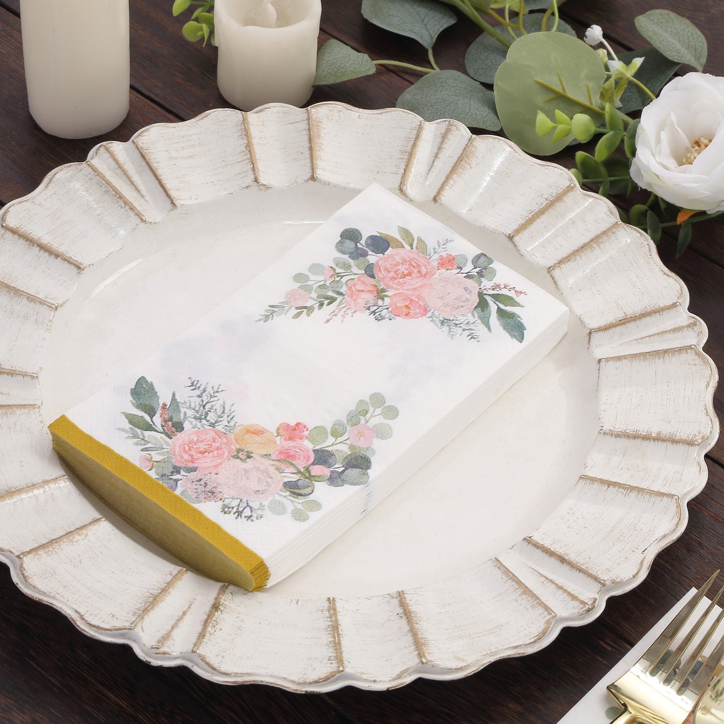 20 Pack White Pink Peony Flowers Print Disposable Party Napkins with Gold Edge, Soft 2-Ply Highly Absorbent Paper Dinner Napkins