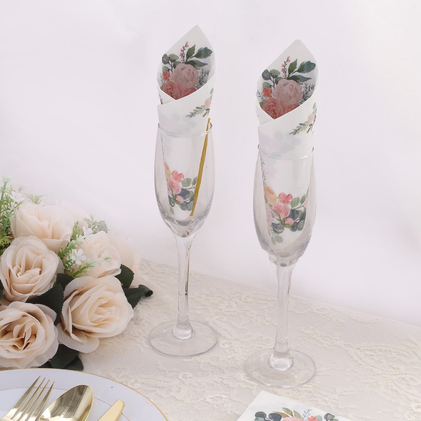 20 Pack White Pink Peony Flowers Print Disposable Party Napkins with Gold Edge, Soft 2-Ply Highly Absorbent Paper Dinner Napkins