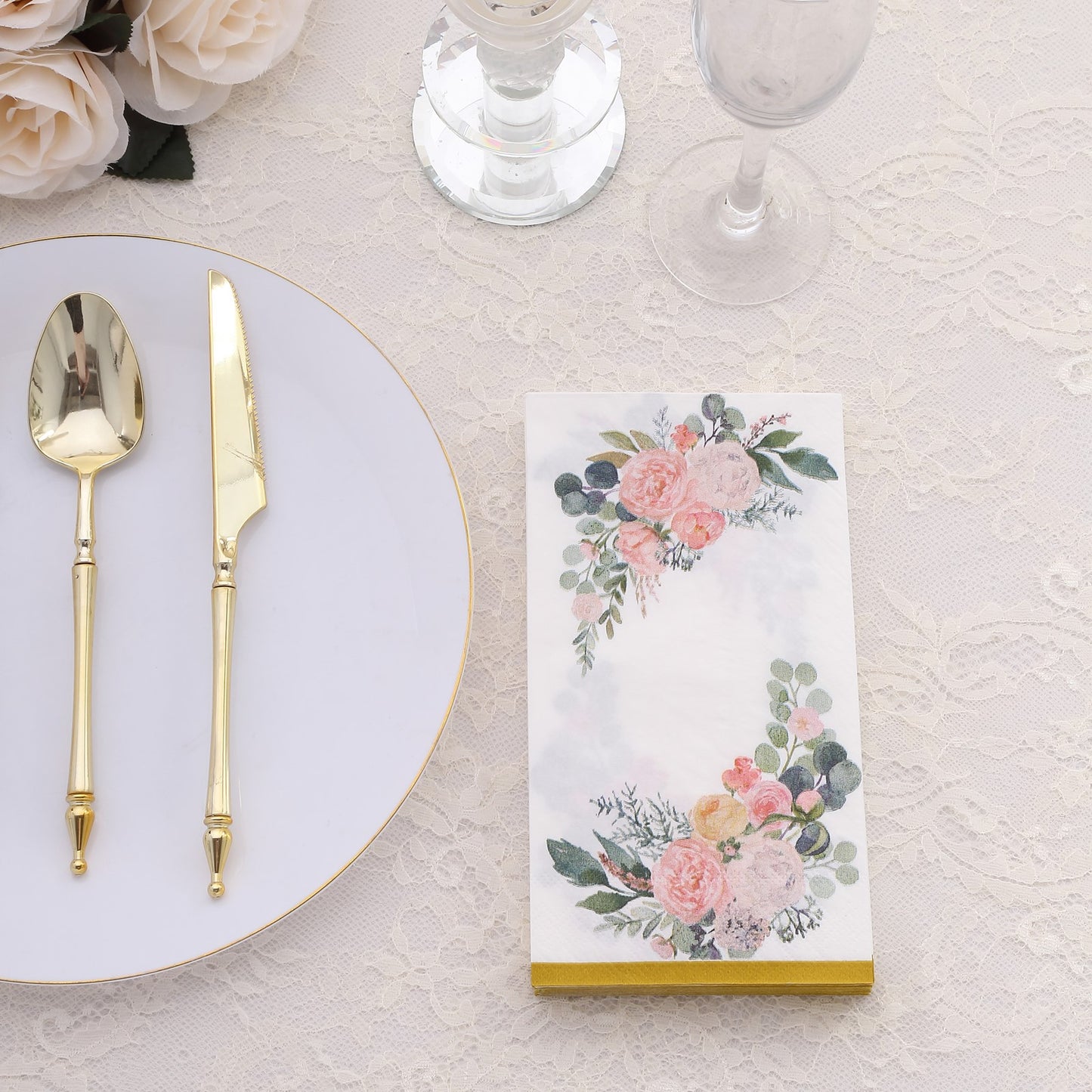 20 Pack White Pink Peony Flowers Print Disposable Party Napkins with Gold Edge, Soft 2-Ply Highly Absorbent Paper Dinner Napkins