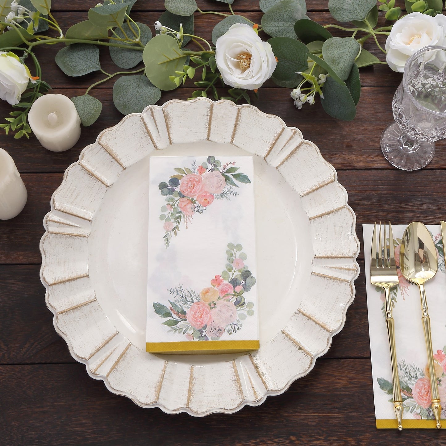 20 Pack White Pink Peony Flowers Print Disposable Party Napkins with Gold Edge, Soft 2-Ply Highly Absorbent Paper Dinner Napkins