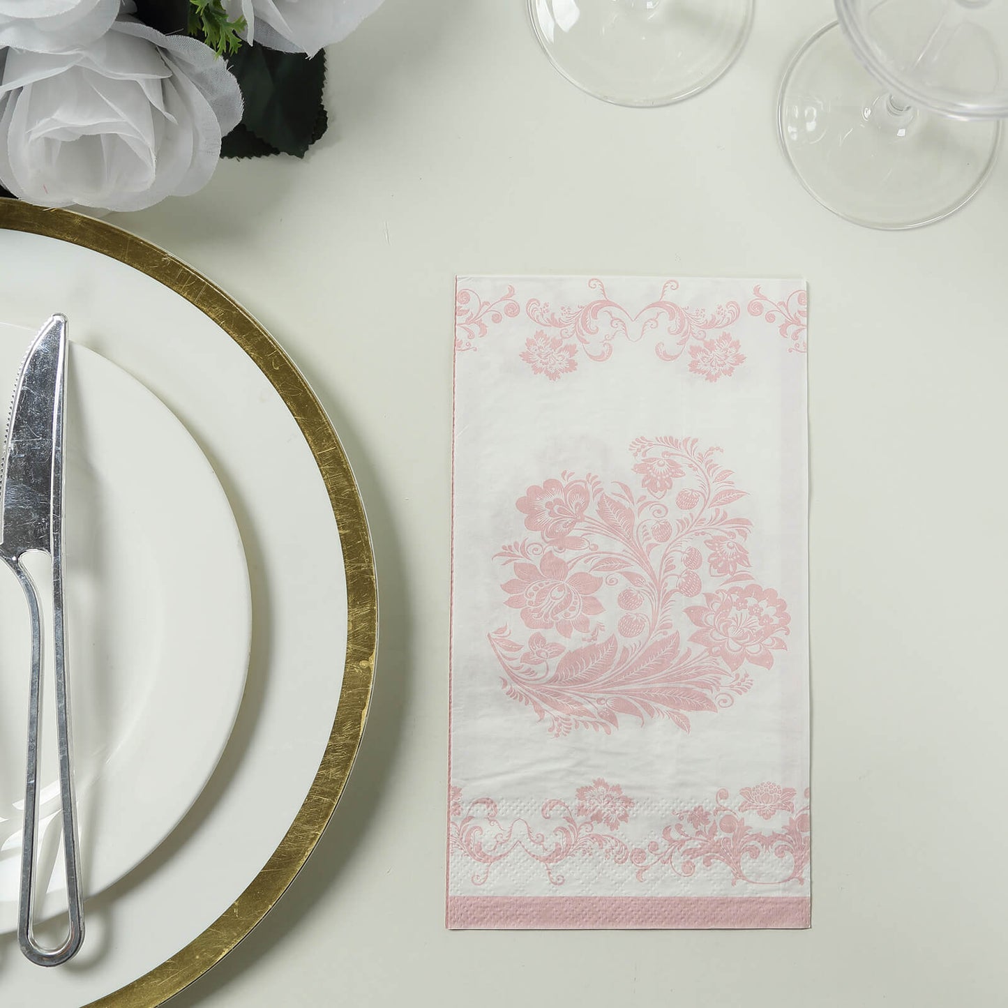 50 Pack White Pink 2-Ply Paper Party Napkins in French Toile Floral Pattern, Highly Absorbent Soft Disposable Dinner Napkins