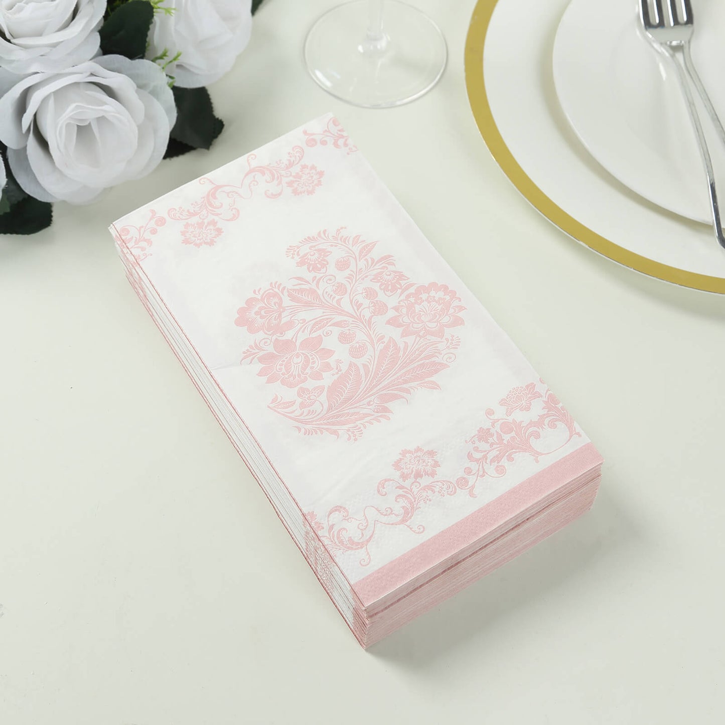 50 Pack White Pink 2-Ply Paper Party Napkins in French Toile Floral Pattern, Highly Absorbent Soft Disposable Dinner Napkins