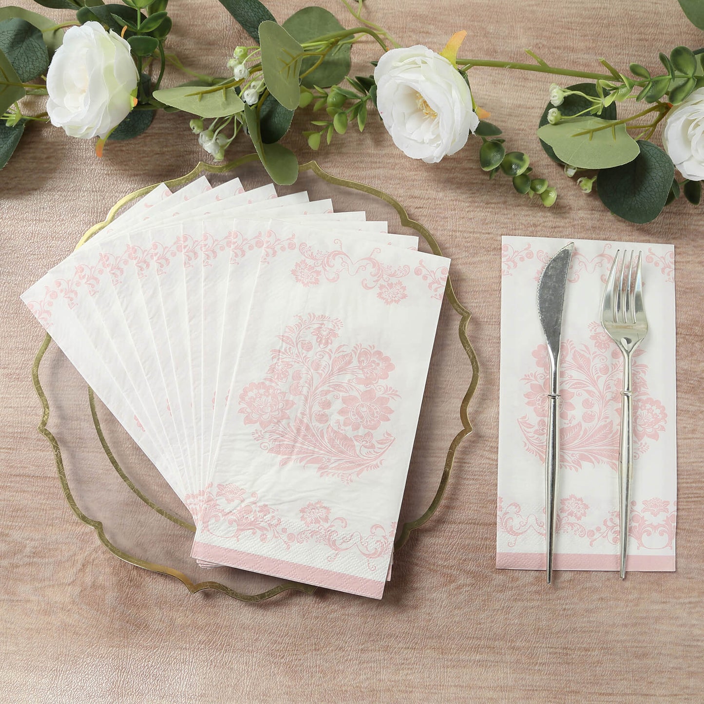 50 Pack White Pink 2-Ply Paper Party Napkins in French Toile Floral Pattern, Highly Absorbent Soft Disposable Dinner Napkins