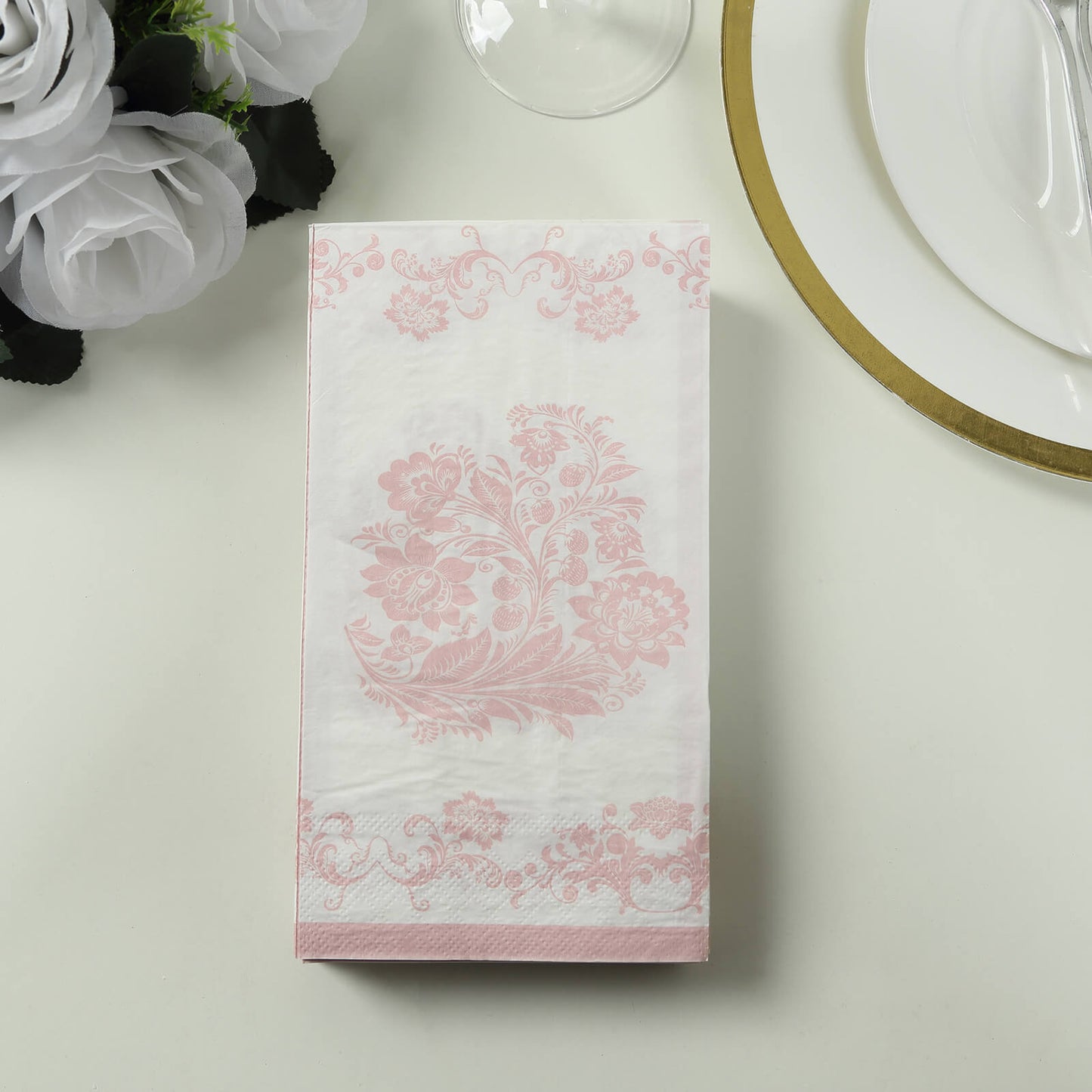 50 Pack White Pink 2-Ply Paper Party Napkins in French Toile Floral Pattern, Highly Absorbent Soft Disposable Dinner Napkins