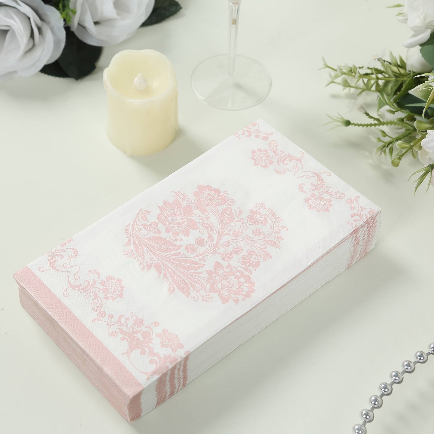 50 Pack White Pink 2-Ply Paper Party Napkins in French Toile Floral Pattern, Highly Absorbent Soft Disposable Dinner Napkins