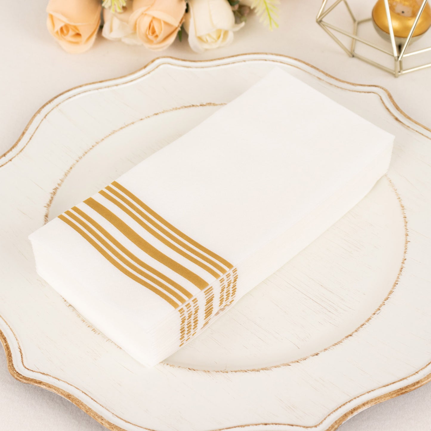 20 Pack White Linen-Feel Paper Napkins with Golden Lines, Premium Cloth-Like Airlaid Dinner Napkins, Disposable Soft and Absorbent Guest Towels