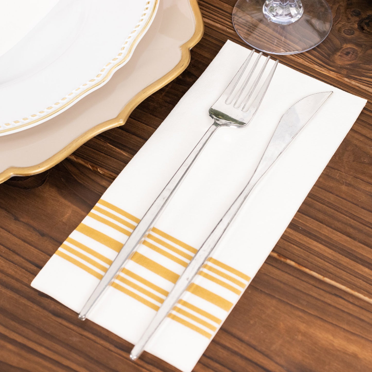 20 Pack White Linen-Feel Paper Napkins with Golden Lines, Premium Cloth-Like Airlaid Dinner Napkins, Disposable Soft and Absorbent Guest Towels