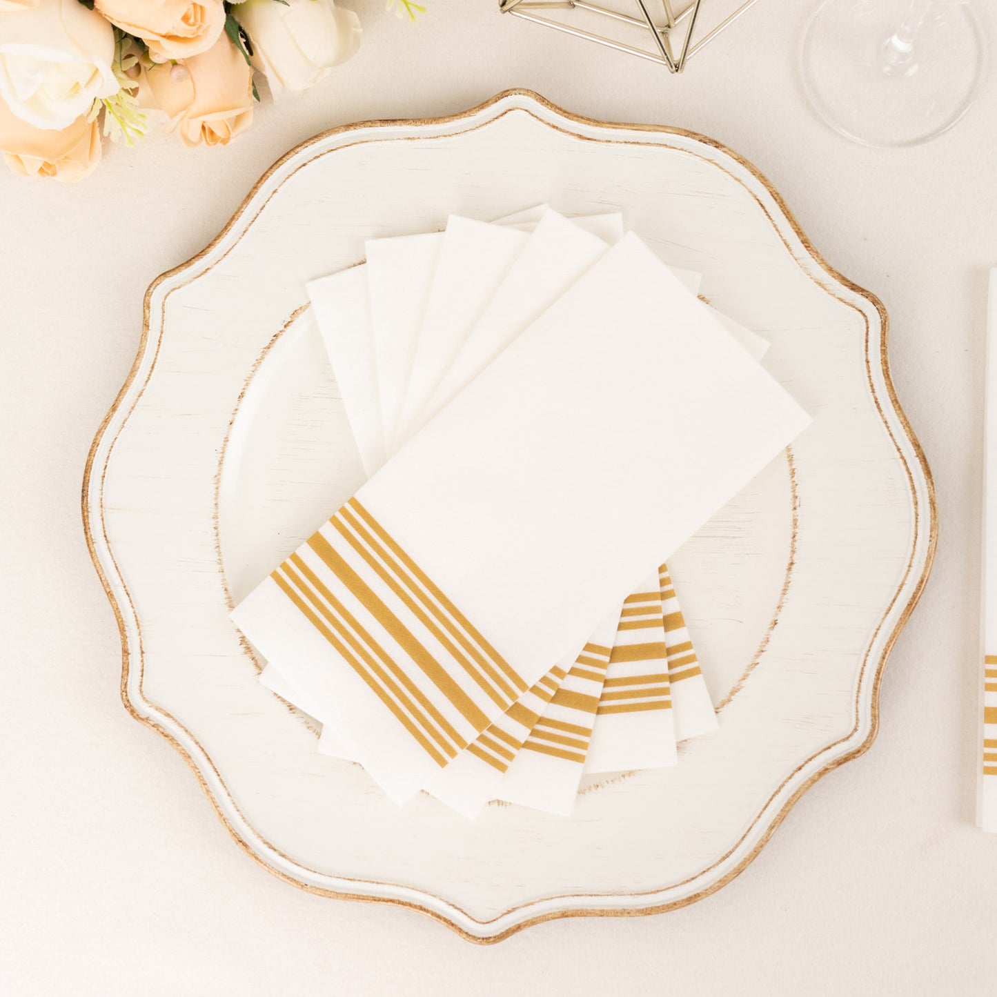 20 Pack White Linen-Feel Paper Napkins with Golden Lines, Premium Cloth-Like Airlaid Dinner Napkins, Disposable Soft and Absorbent Guest Towels