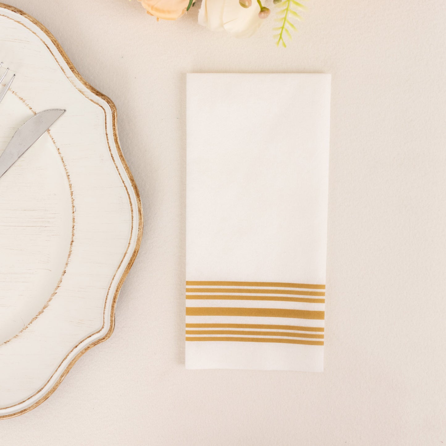 20 Pack White Linen-Feel Paper Napkins with Golden Lines, Premium Cloth-Like Airlaid Dinner Napkins, Disposable Soft and Absorbent Guest Towels