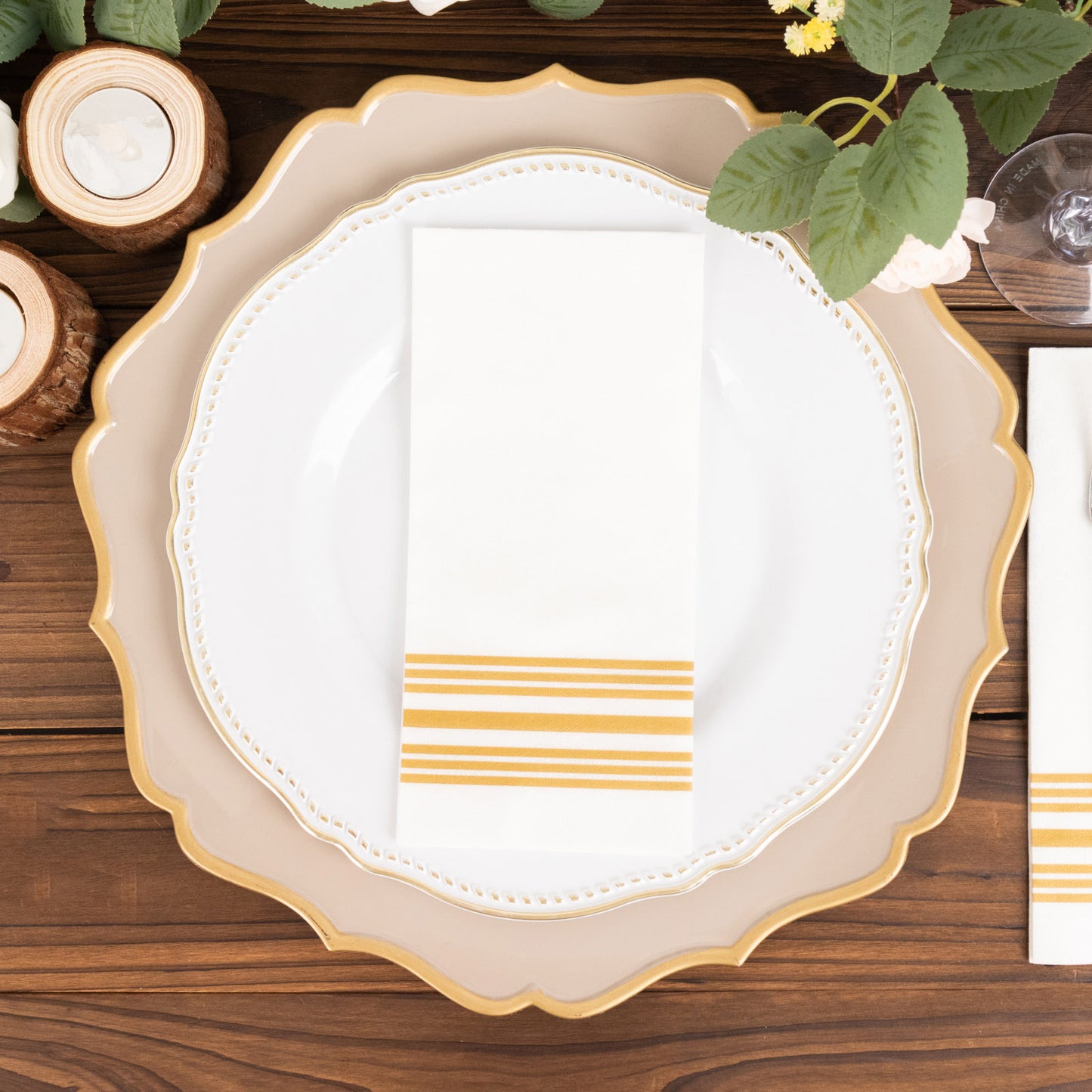 20 Pack White Linen-Feel Paper Napkins with Golden Lines, Premium Cloth-Like Airlaid Dinner Napkins, Disposable Soft and Absorbent Guest Towels