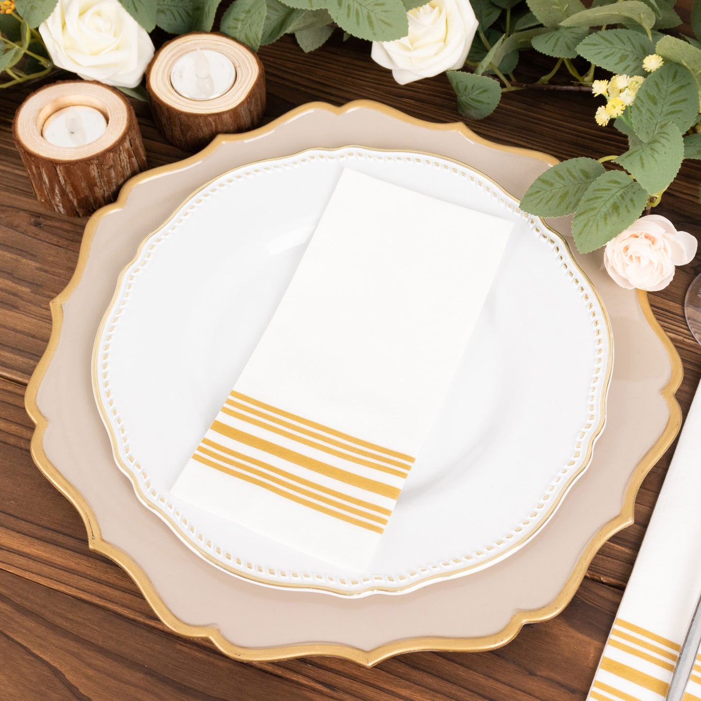 20 Pack White Linen-Feel Paper Napkins with Golden Lines, Premium Cloth-Like Airlaid Dinner Napkins, Disposable Soft and Absorbent Guest Towels