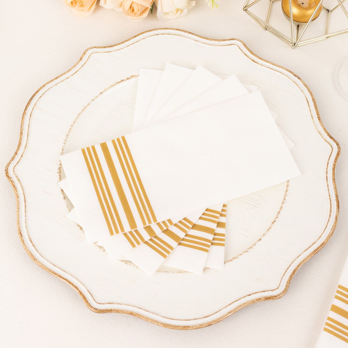 20 Pack White Linen-Feel Paper Napkins with Golden Lines, Premium Cloth-Like Airlaid Dinner Napkins, Disposable Soft and Absorbent Guest Towels