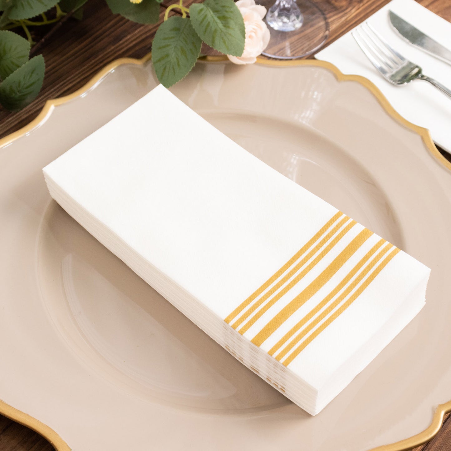 20 Pack White Linen-Feel Paper Napkins with Golden Lines, Premium Cloth-Like Airlaid Dinner Napkins, Disposable Soft and Absorbent Guest Towels