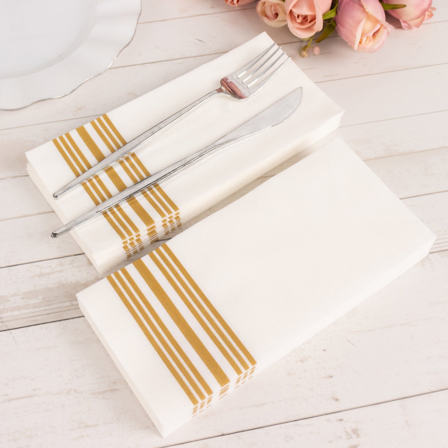 20 Pack White Linen-Feel Paper Napkins with Golden Lines, Premium Cloth-Like Airlaid Dinner Napkins, Disposable Soft and Absorbent Guest Towels