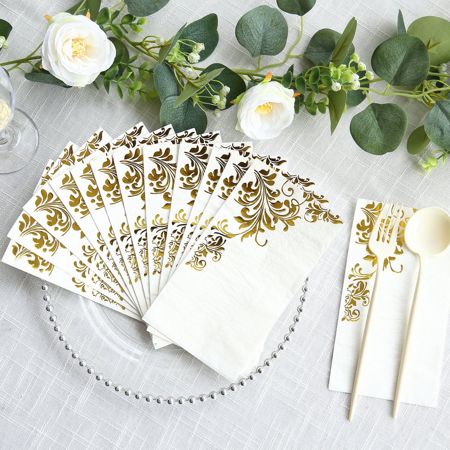 50 Pack White Gold Floral Baroque Print Dinner Paper Napkins, 8"x4" Soft Disposable Party Napkins