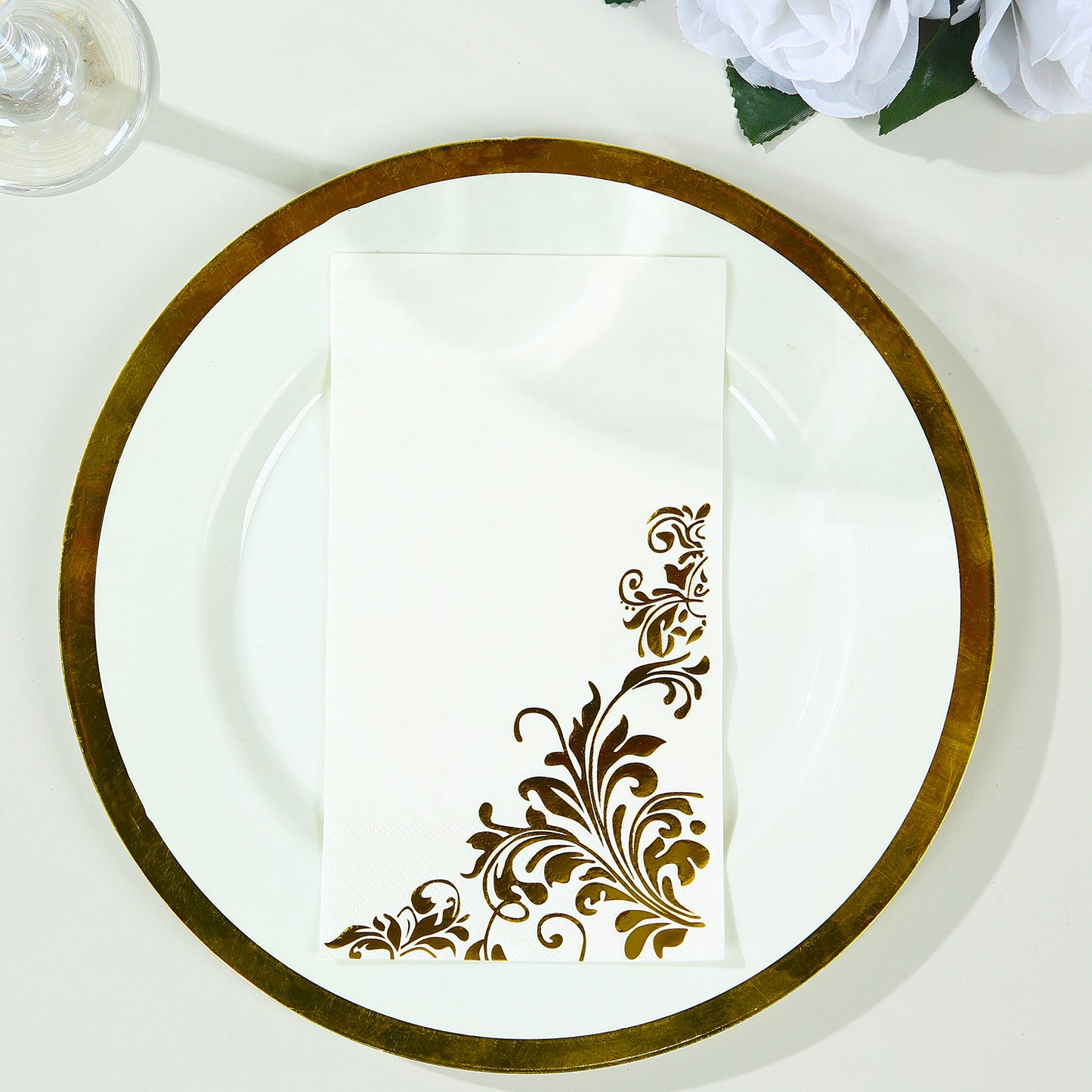 50 Pack White Gold Floral Baroque Print Dinner Paper Napkins, 8"x4" Soft Disposable Party Napkins