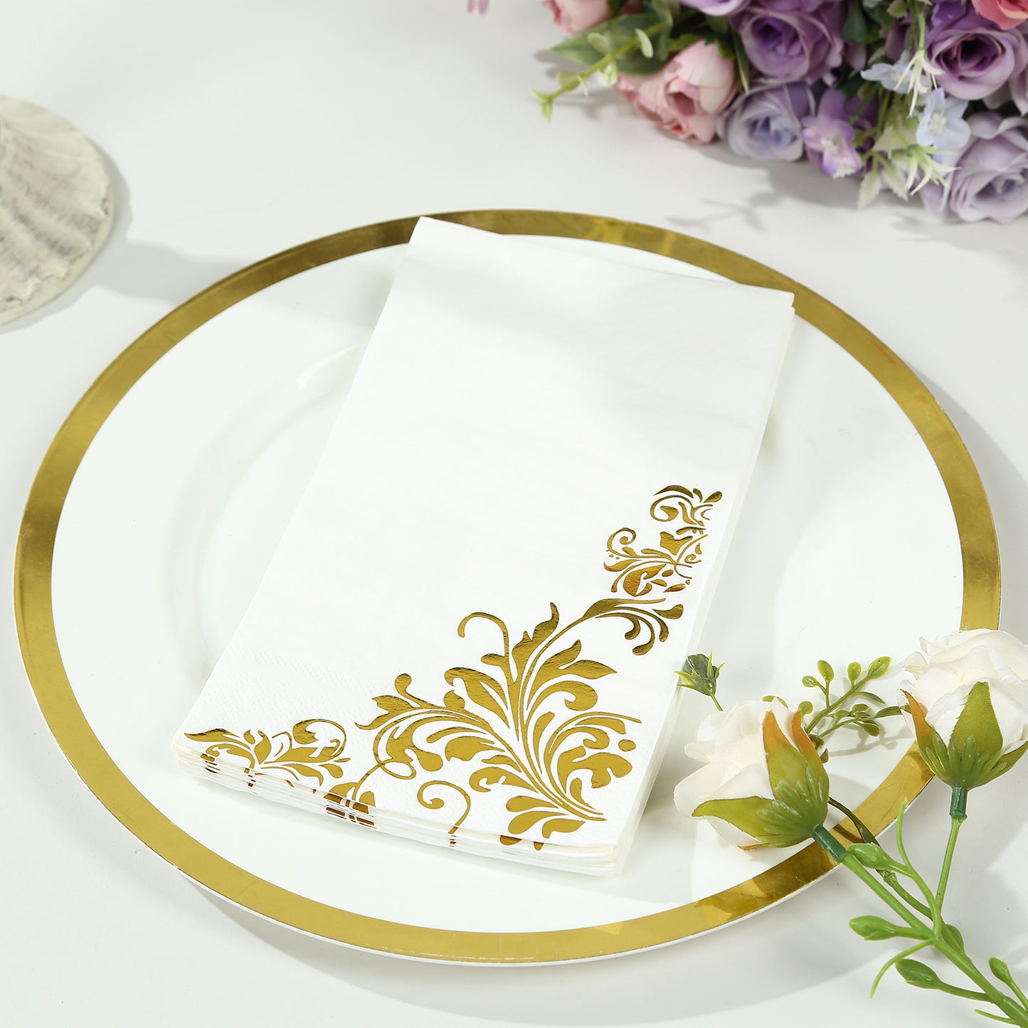 50 Pack White Gold Floral Baroque Print Dinner Paper Napkins, 8"x4" Soft Disposable Party Napkins