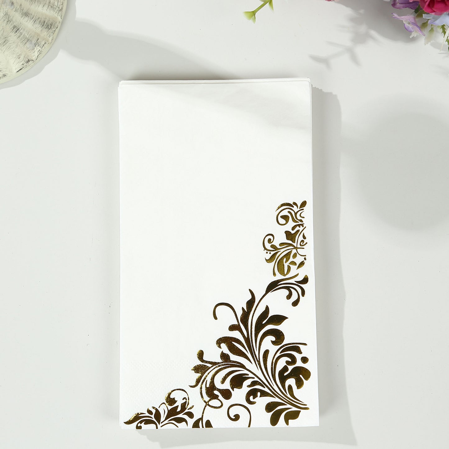 50 Pack White Gold Floral Baroque Print Dinner Paper Napkins, 8"x4" Soft Disposable Party Napkins