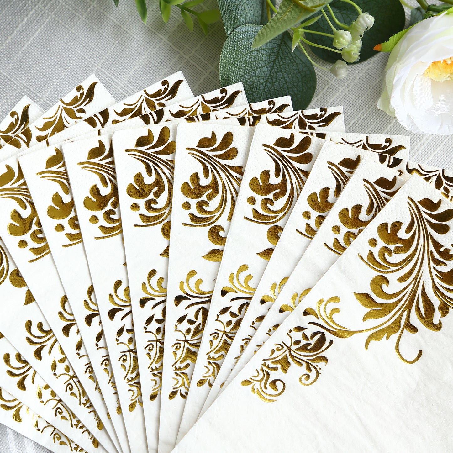 50 Pack White Gold Floral Baroque Print Dinner Paper Napkins, 8"x4" Soft Disposable Party Napkins