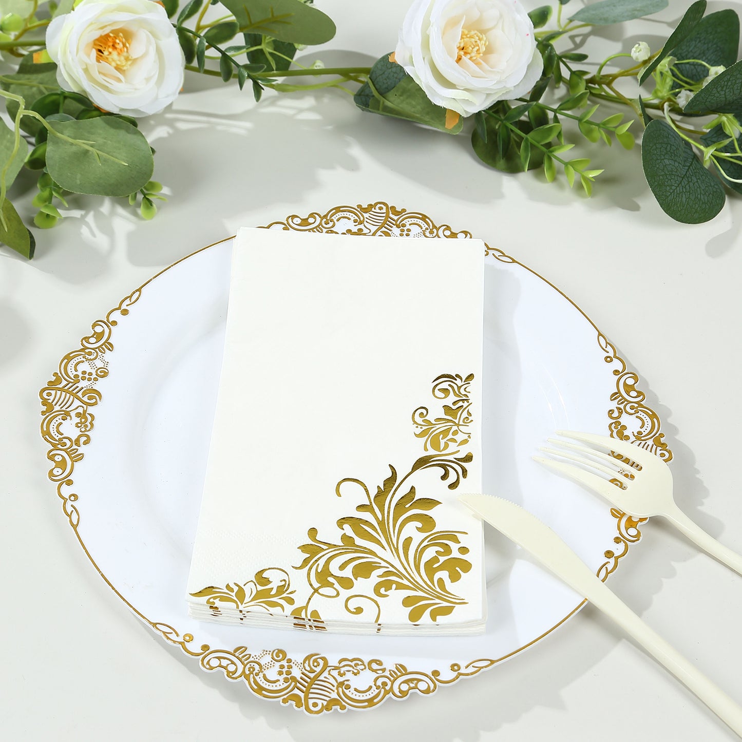 50 Pack White Gold Floral Baroque Print Dinner Paper Napkins, 8"x4" Soft Disposable Party Napkins