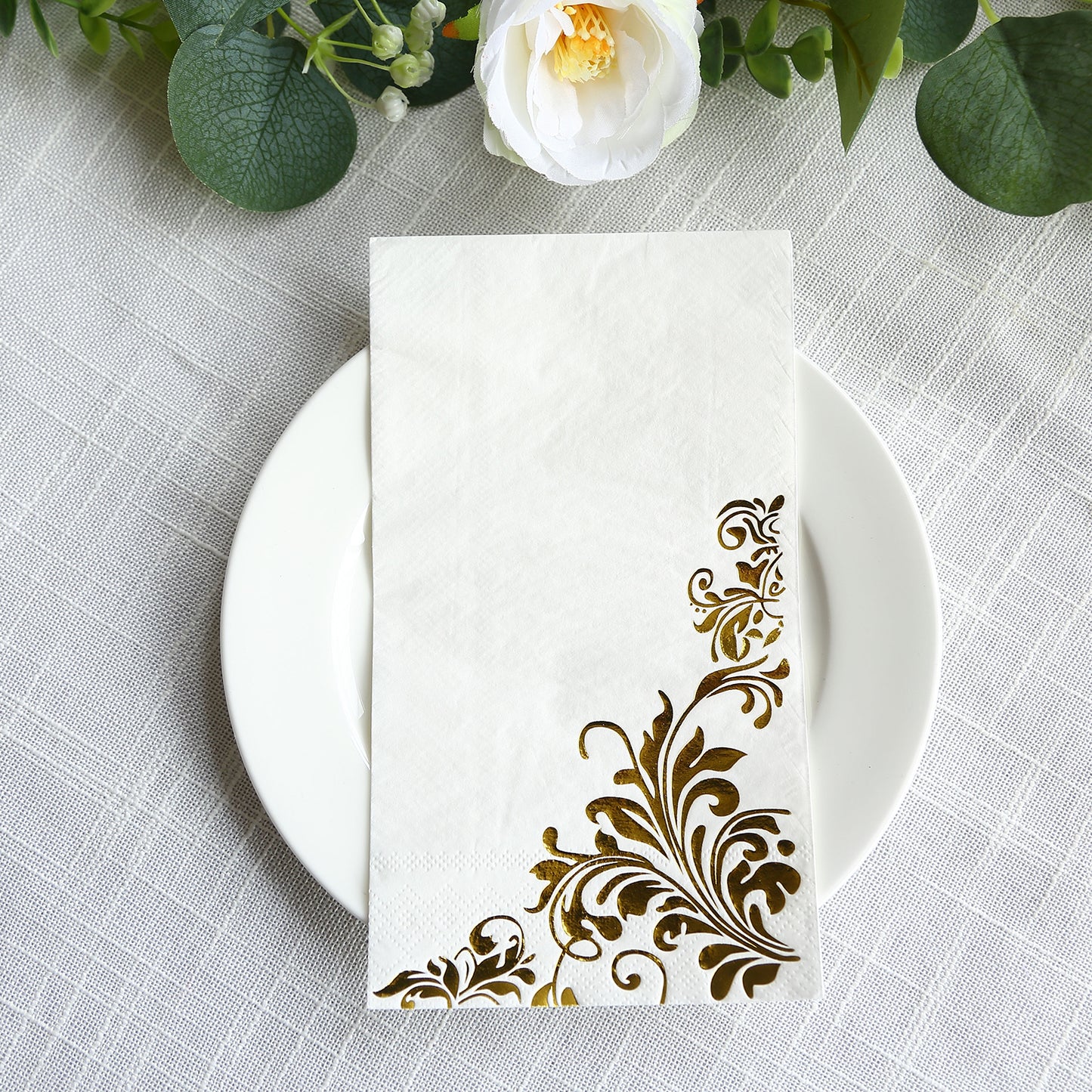 50 Pack White Gold Floral Baroque Print Dinner Paper Napkins, 8"x4" Soft Disposable Party Napkins