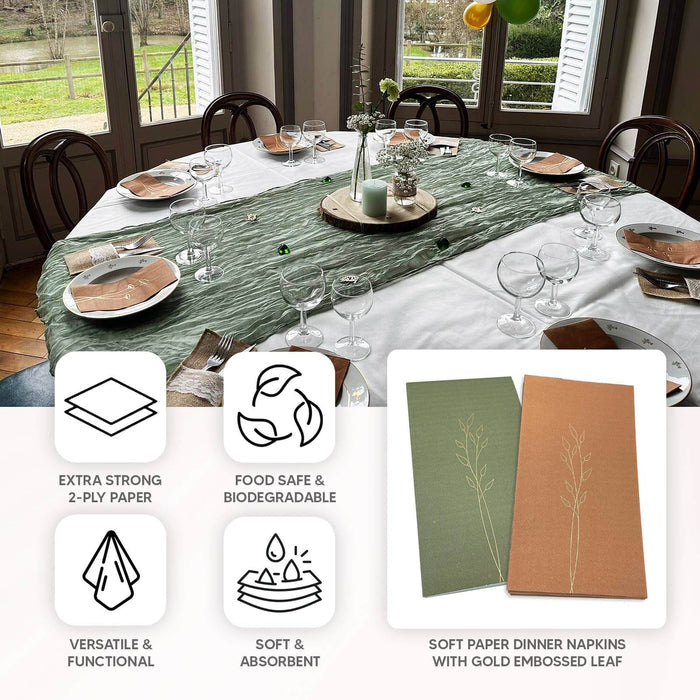 50 Pack Olive Green 2 Ply Paper Dinner Napkins with Gold Embossed Leaf, Soft Disposable Wedding Party Napkins - 18 GSM