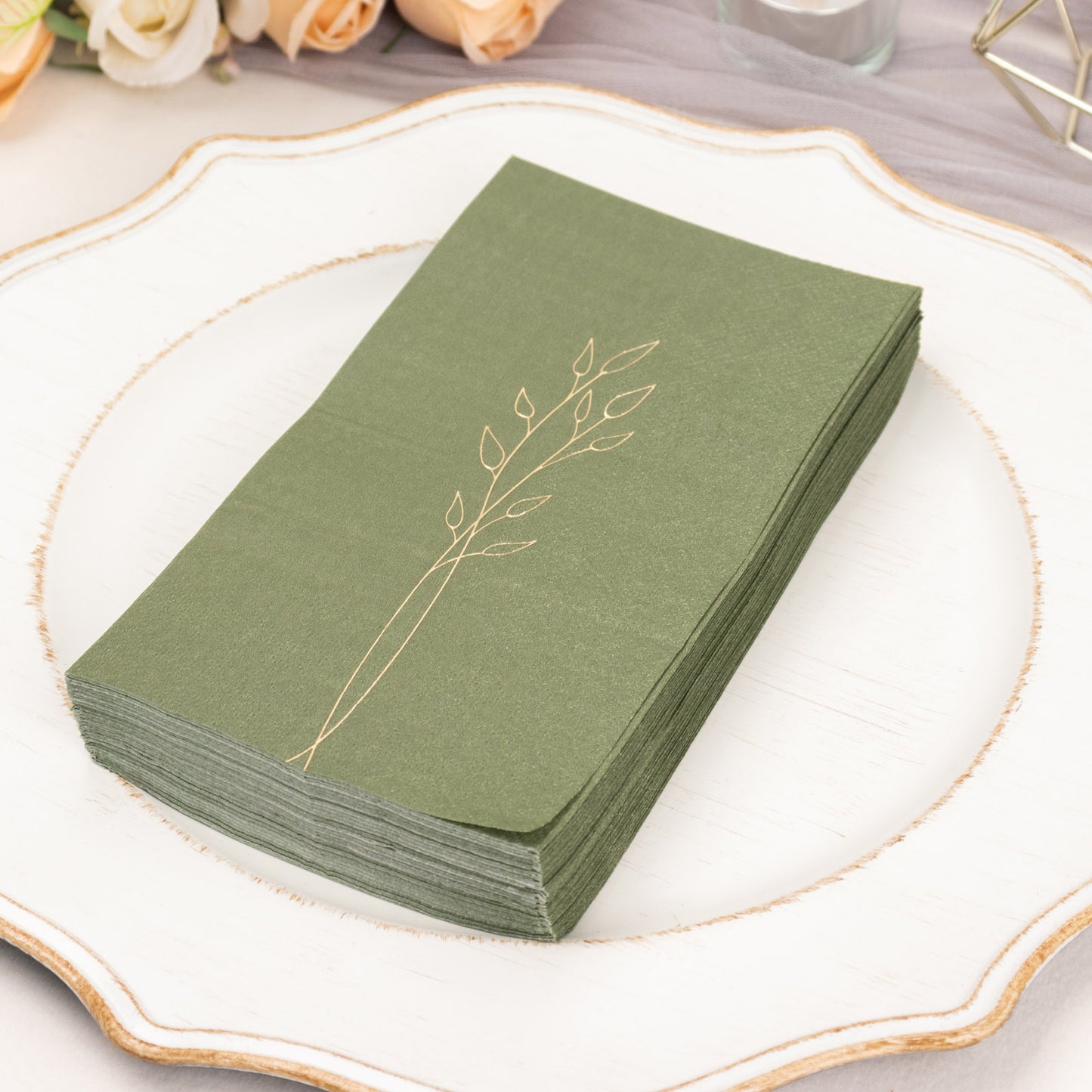 50 Pack Olive Green 2 Ply Paper Dinner Napkins with Gold Embossed Leaf, Soft Disposable Wedding Party Napkins - 18 GSM