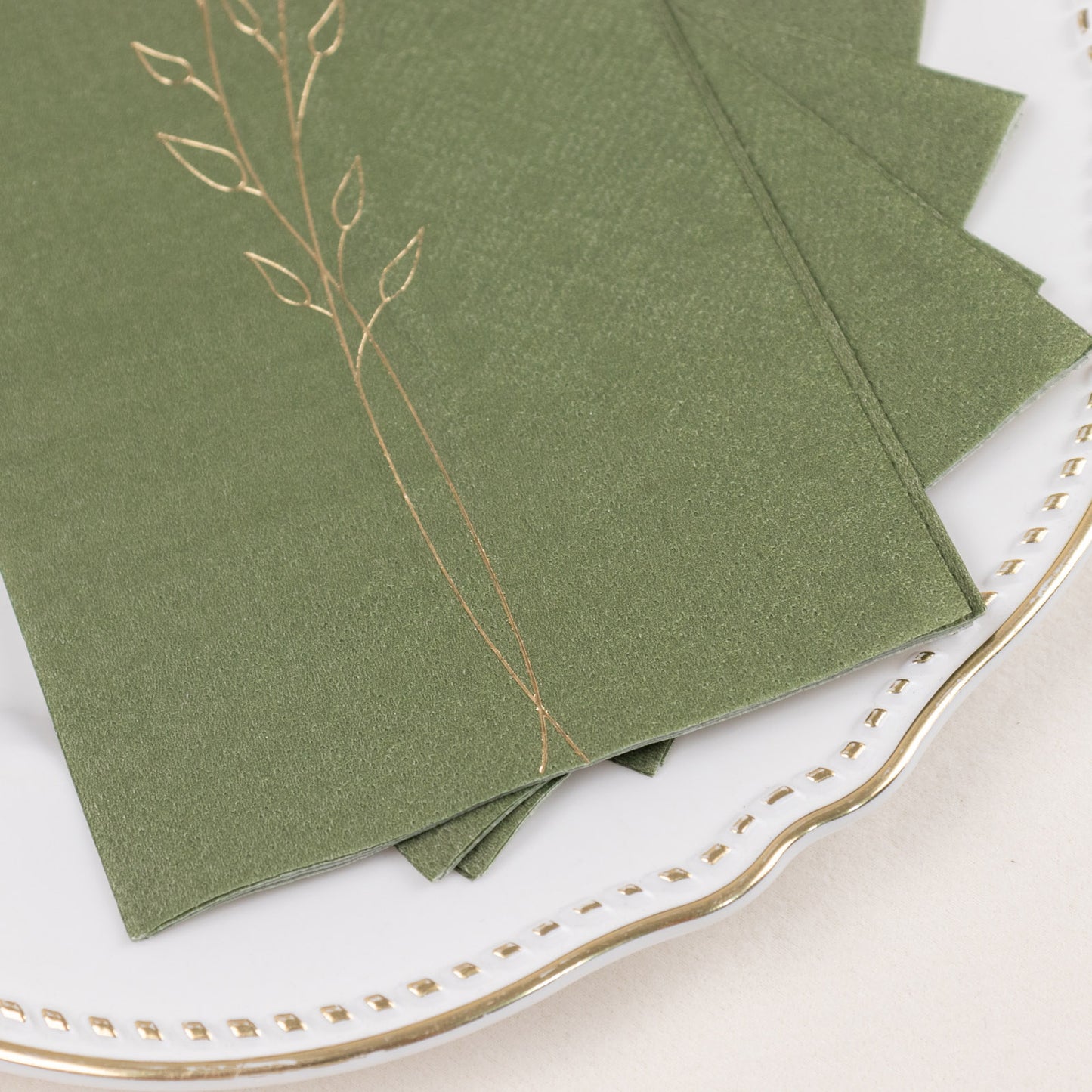 50 Pack Olive Green 2 Ply Paper Dinner Napkins with Gold Embossed Leaf, Soft Disposable Wedding Party Napkins - 18 GSM