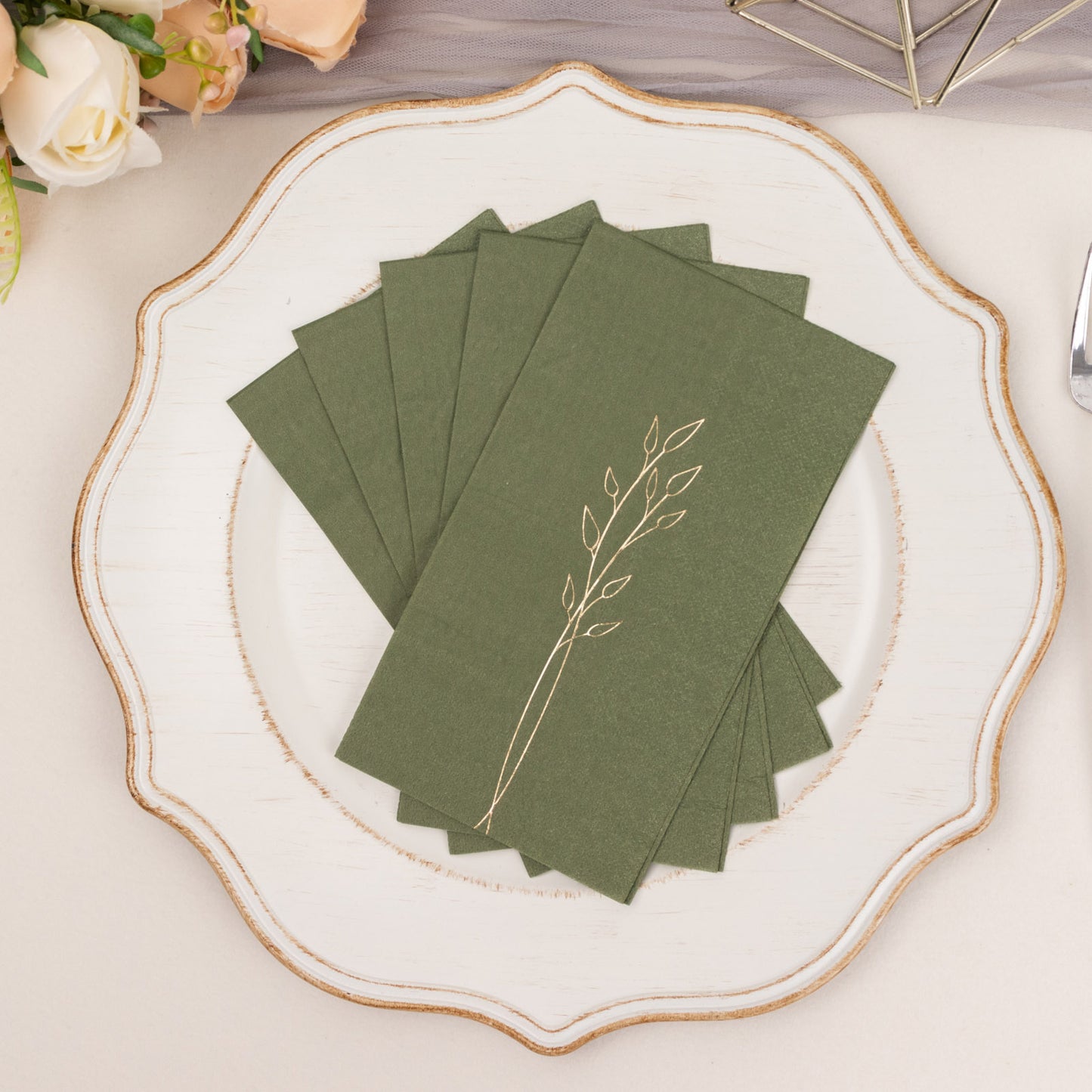 50 Pack Olive Green 2 Ply Paper Dinner Napkins with Gold Embossed Leaf, Soft Disposable Wedding Party Napkins - 18 GSM