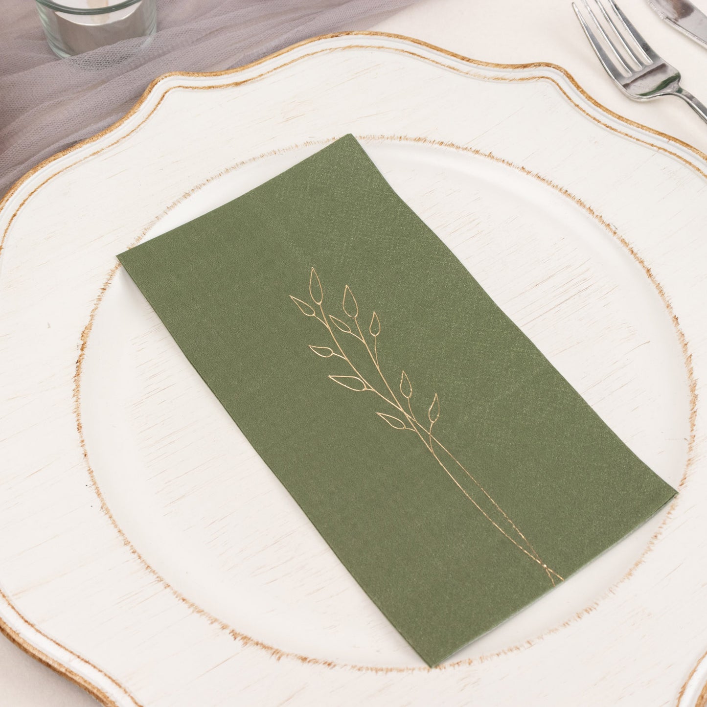 50 Pack Olive Green 2 Ply Paper Dinner Napkins with Gold Embossed Leaf, Soft Disposable Wedding Party Napkins - 18 GSM