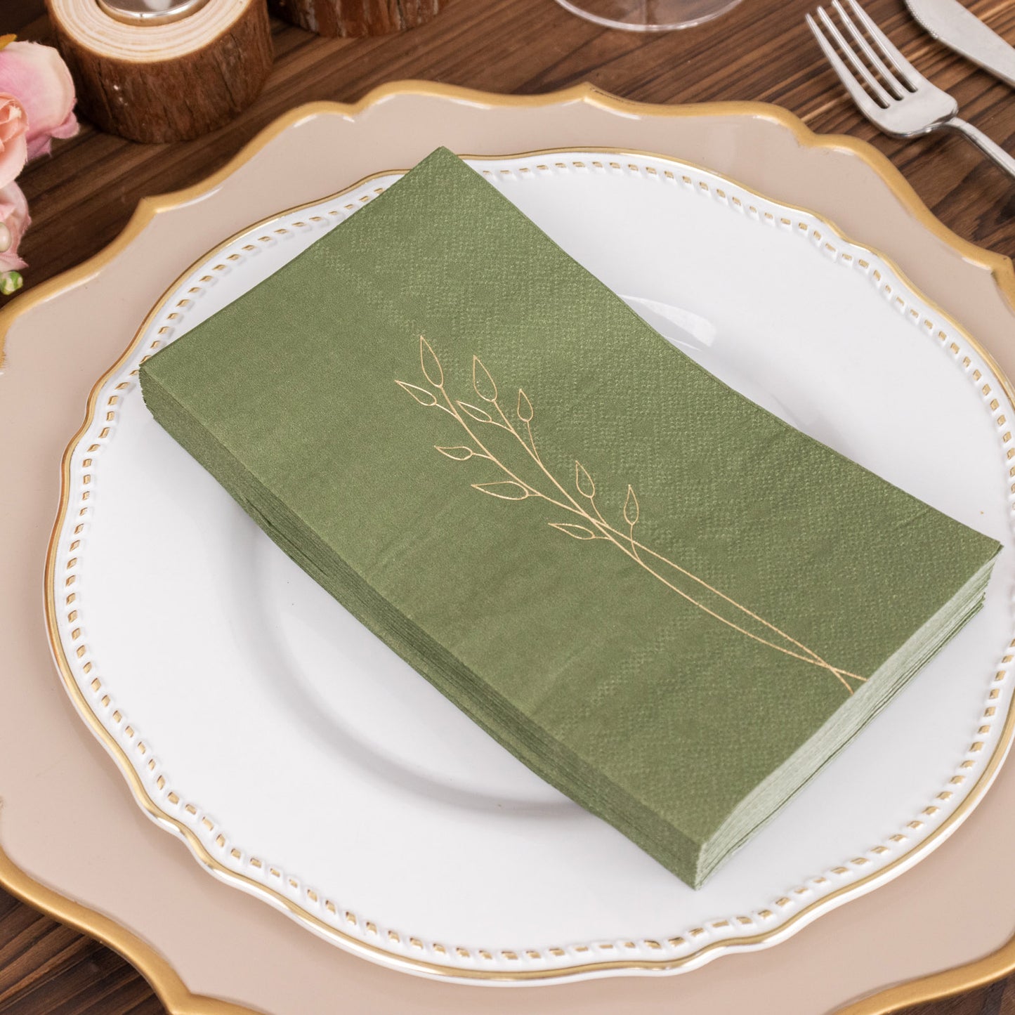 50 Pack Olive Green 2 Ply Paper Dinner Napkins with Gold Embossed Leaf, Soft Disposable Wedding Party Napkins - 18 GSM