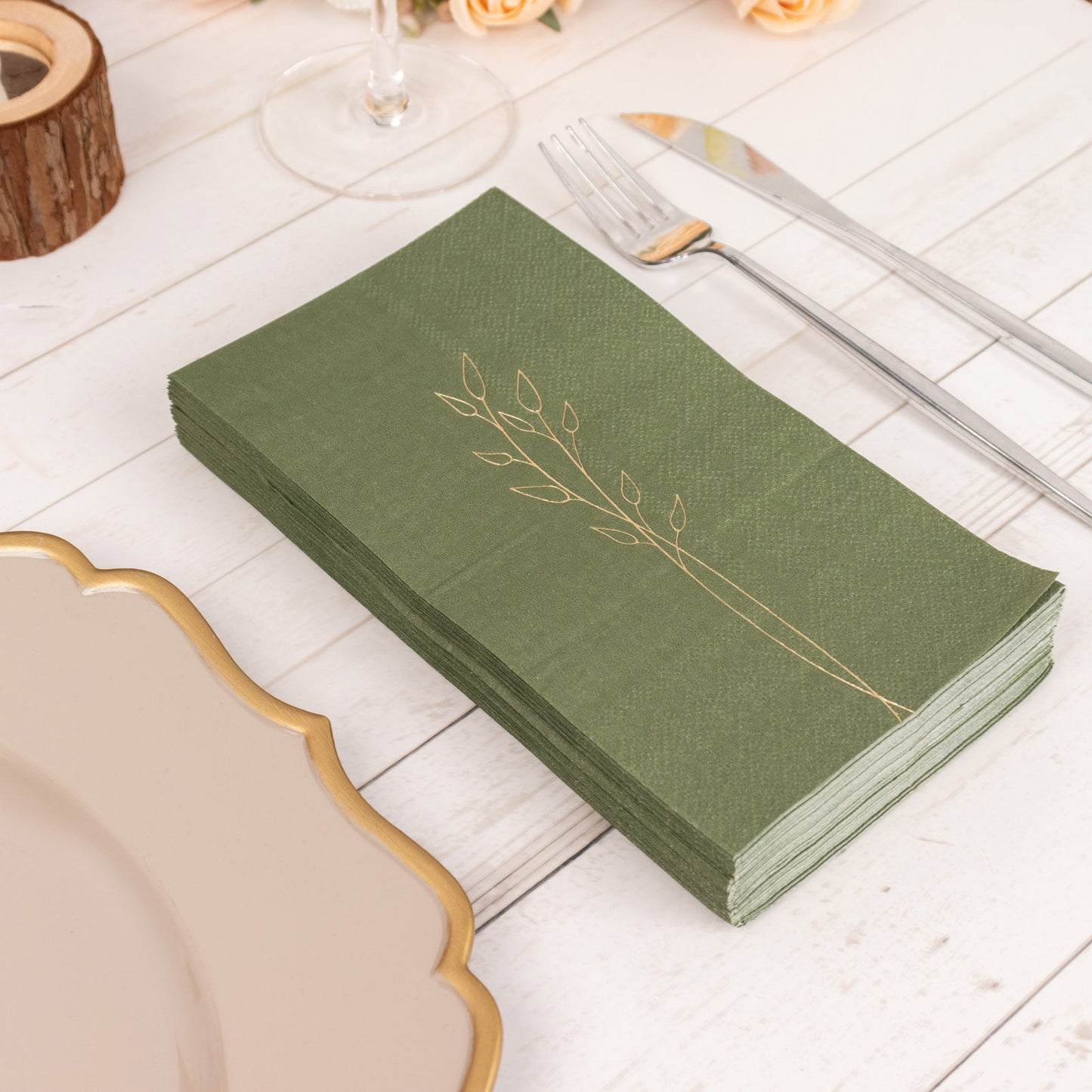 50 Pack Olive Green 2 Ply Paper Dinner Napkins with Gold Embossed Leaf, Soft Disposable Wedding Party Napkins - 18 GSM