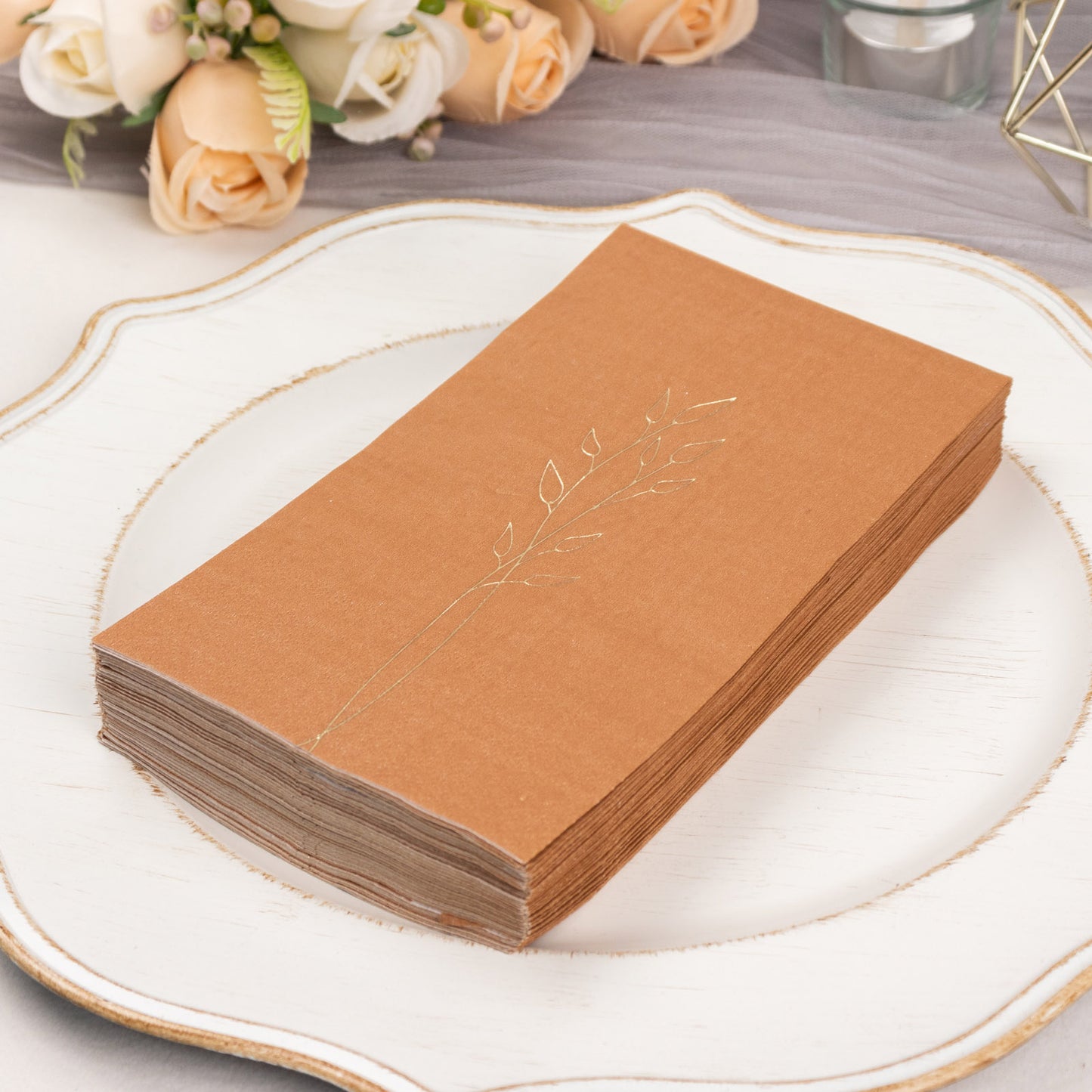 50 Pack Terracotta (Rust) 2 Ply Paper Dinner Napkins with Gold Embossed Leaf, Soft Disposable Wedding Party Napkins - 18 GSM