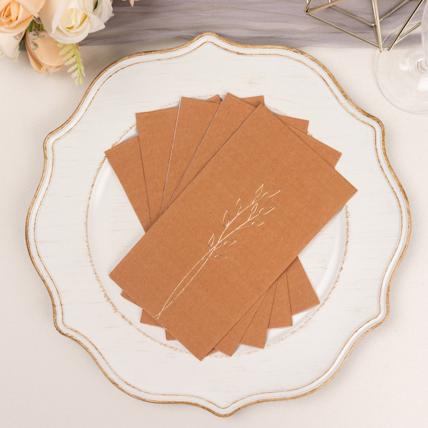 50 Pack Terracotta (Rust) 2 Ply Paper Dinner Napkins with Gold Embossed Leaf, Soft Disposable Wedding Party Napkins - 18 GSM