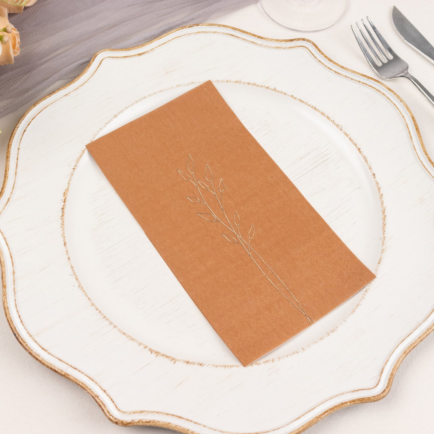 50 Pack Terracotta (Rust) 2 Ply Paper Dinner Napkins with Gold Embossed Leaf, Soft Disposable Wedding Party Napkins - 18 GSM