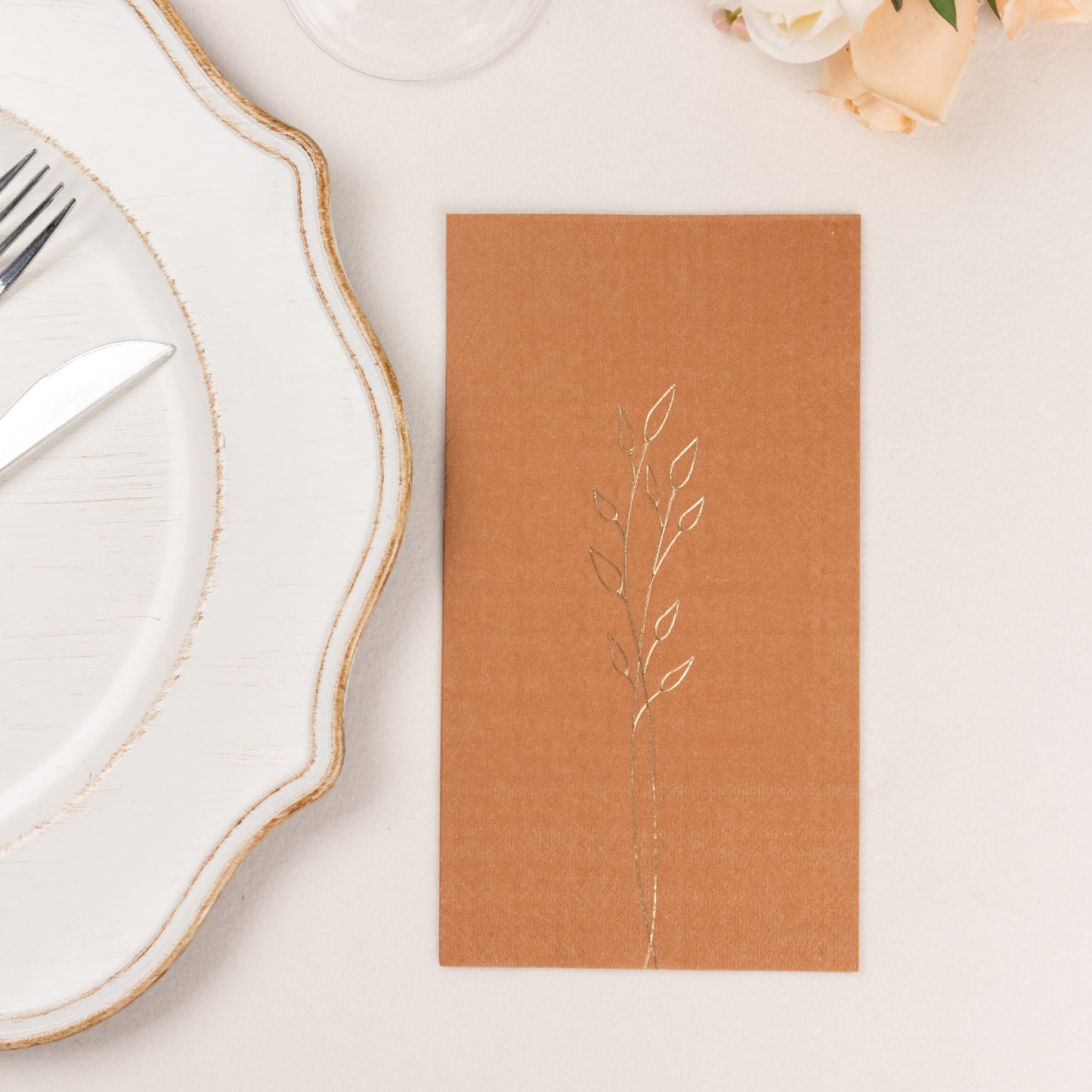 50 Pack Terracotta (Rust) 2 Ply Paper Dinner Napkins with Gold Embossed Leaf, Soft Disposable Wedding Party Napkins - 18 GSM